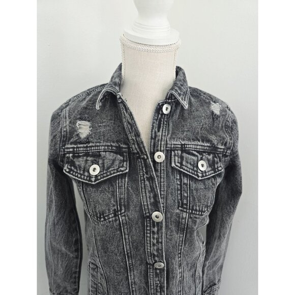 Disstressed Denim Midi Dress XS Long Sleeves Button Down Cotton Black Acid Wash - Picture 3 of 9